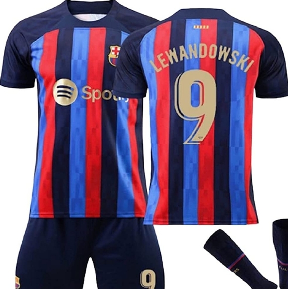 Barcelona Home Lewandoweski Soccer KIDS size Medium Jersey + Shorts No Socks - Picture 1 of 2